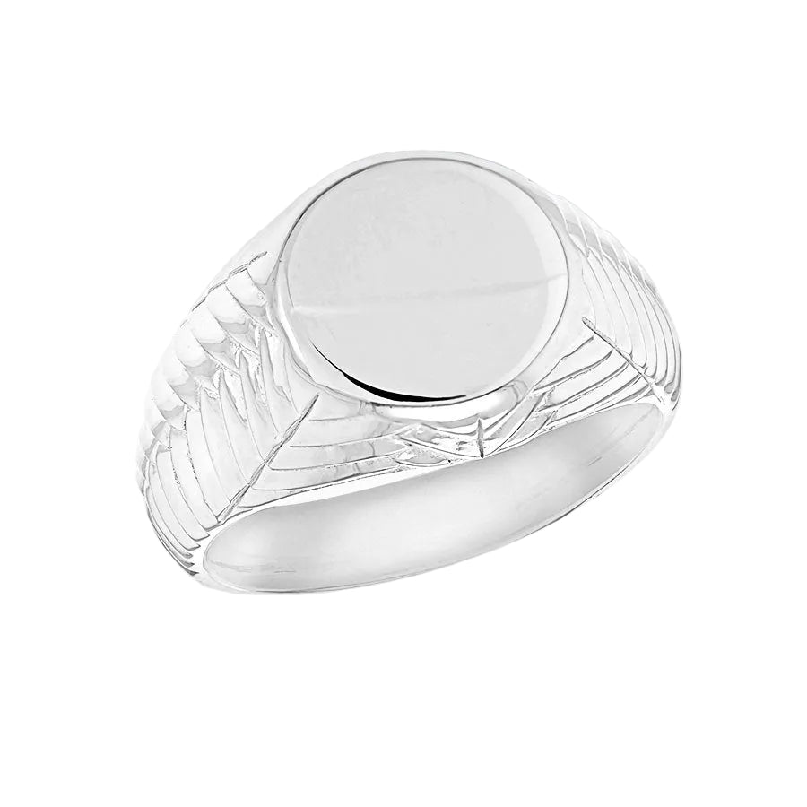 Sterling Silver Round Signet Ring with Diamond Cut Chevron Shoulders Size T
