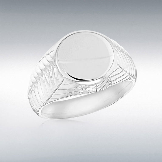 Sterling Silver Round Signet Ring with Diamond Cut Chevron Shoulders Size T