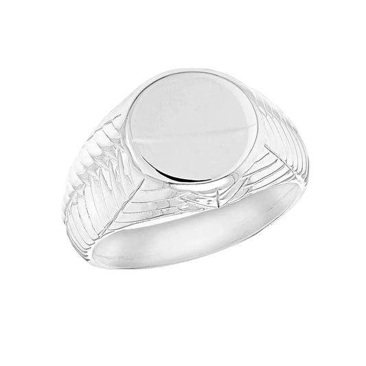Sterling Silver Round Signet Ring with Diamond Cut Chevron Shoulders Size T