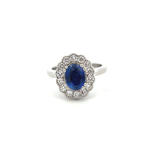 Platinum Laboratory Grown Oval Sapphire and Laboratory Grown Diamond Cluster Ring Size M
