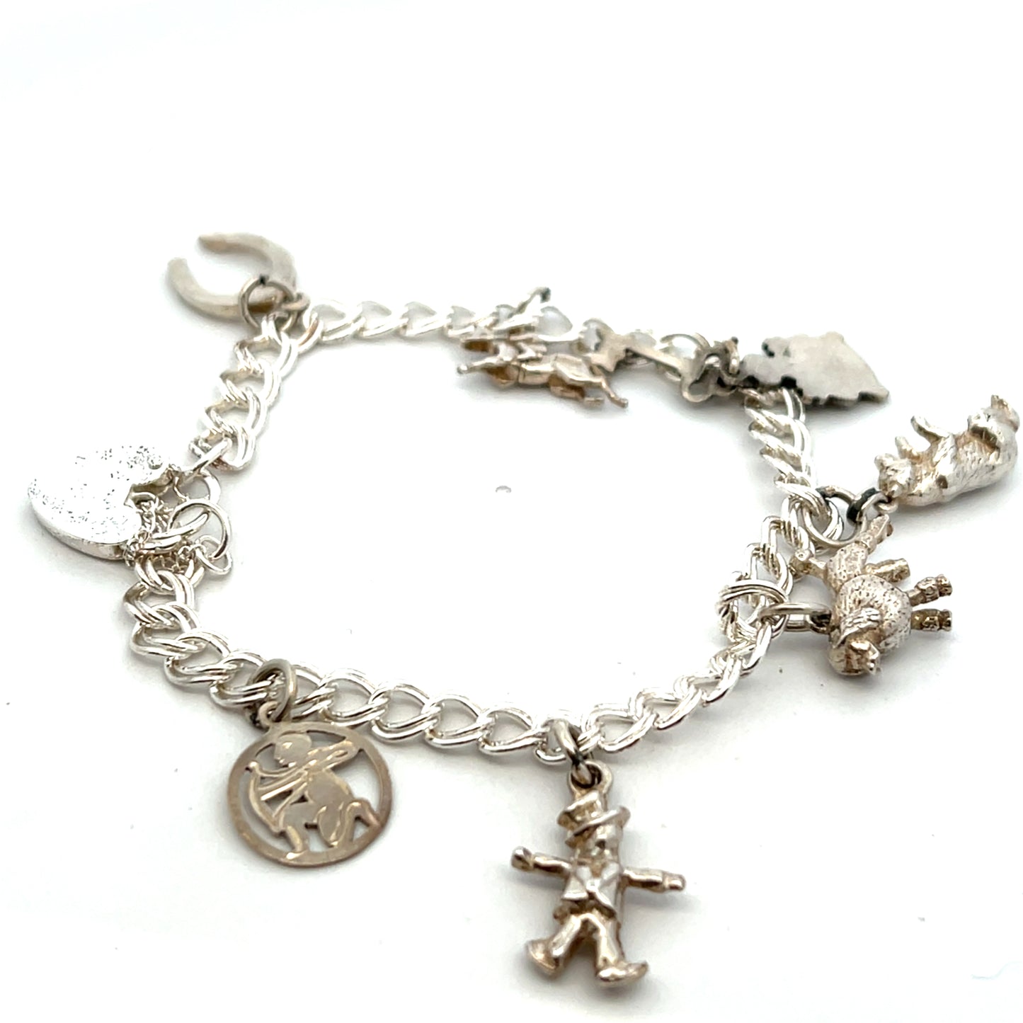 Pre-Owned Sterling Silver Double Curb Bracelet With 7 Assorted Charms