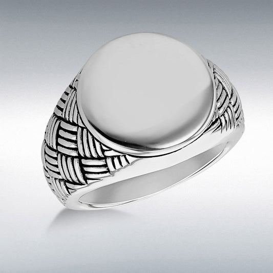 Sterling Silver Round Signet Heavy Weave Design Shoulders Ring