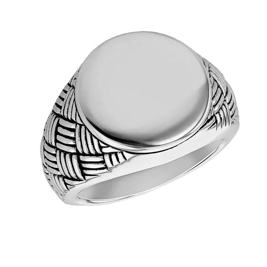 Sterling Silver Round Signet Heavy Weave Design Shoulders Ring