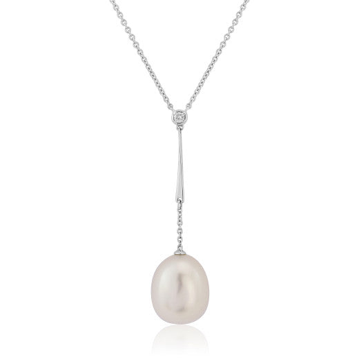 9ct White Gold Oval Freshwater Cultured Pearl and Diamond Necklace