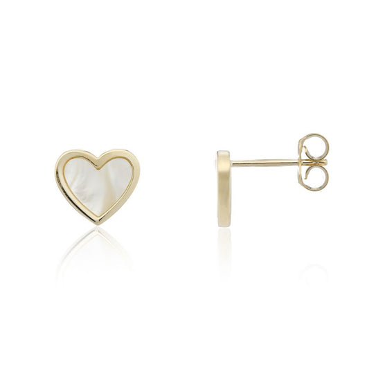 9ct Yellow Gold Mother of Pearl Heart Shaped Stud Earrings