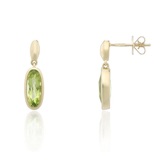 9ct Yellow Gold Slim Oval Rubover Peridot Dropper Earrings