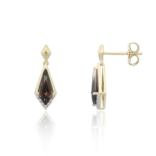 9ct Yellow Gold Kite Cut Smokey Quartz And Diamond Drop Earrings