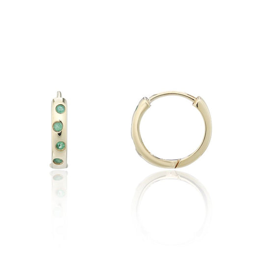 9ct Yellow Gold 4 Emerald Scatter Hinged Hoop Earrings