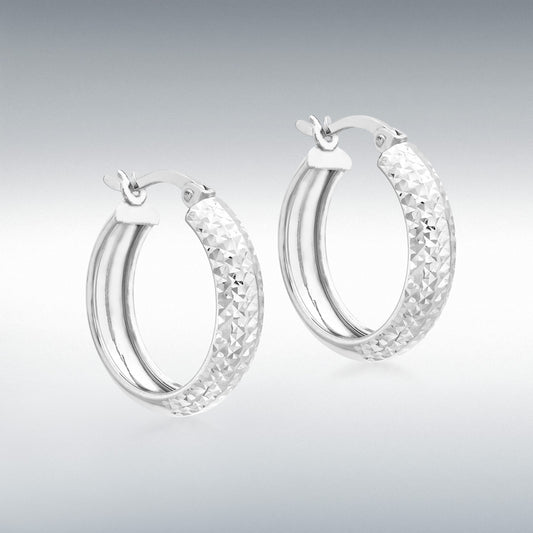 9ct White Gold 19mm Round Sparkle Diamond Cut Hoop Earrings