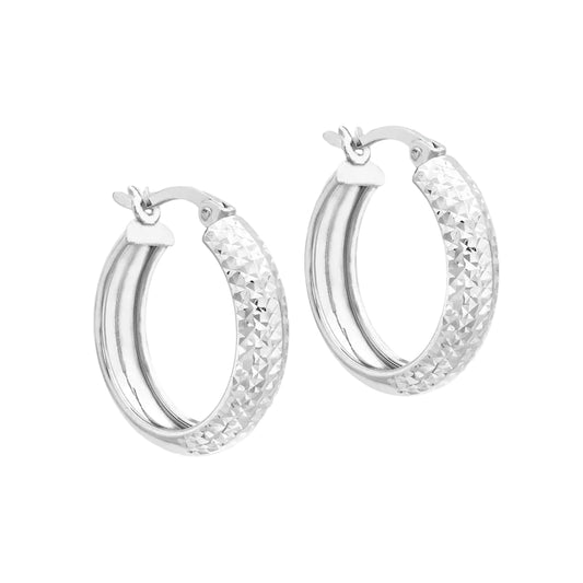 9ct White Gold 19mm Round Sparkle Diamond Cut Hoop Earrings