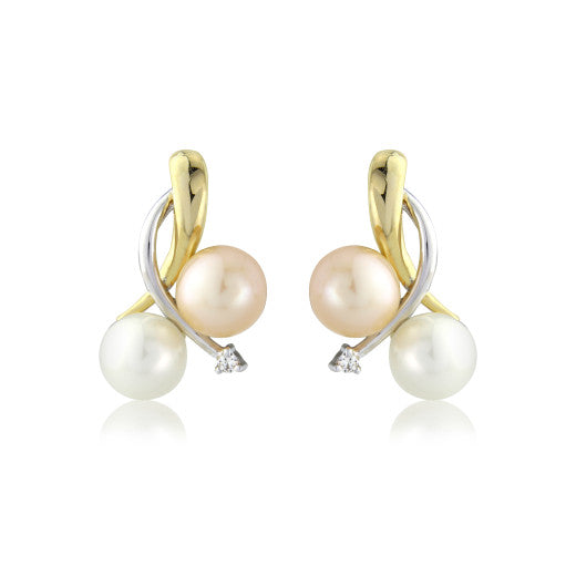 9ct Yellow Gold Peach and White Freshwater Cultured Pearl And Diamond Studs