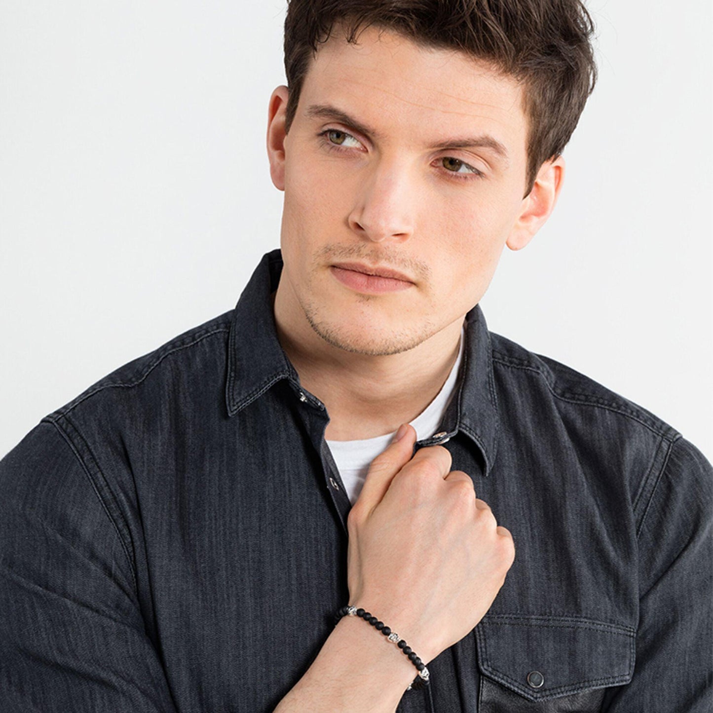 Thomas Sabo Sterling Silver and Obsidian Skull Stretchy Bracelet A1097