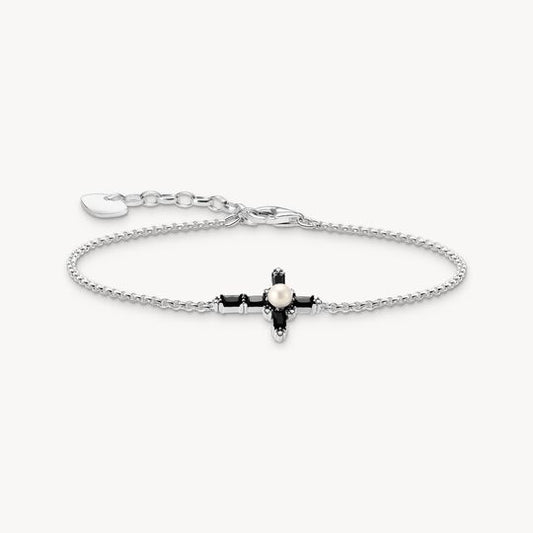 Thomas Sabo Sterling Silver Black Cubic Zirconia Cross Bracelet with Freshwater Cultured Pearl A2173-167-11