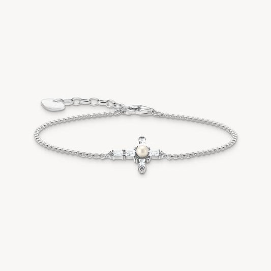 Thomas Sabo Sterling Silver White Cubic Zirconia Cross Bracelet with Freshwater Cultured Pearl A2173-167-14