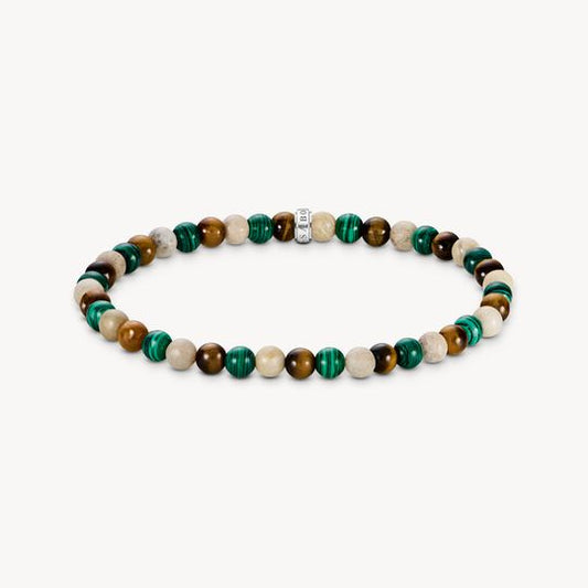 Thomas Sabo Sterling Silver Daisy Jasper, Imitation Malachite, Tigers Eye Stretch Bracelet A2183-468-7 21cm