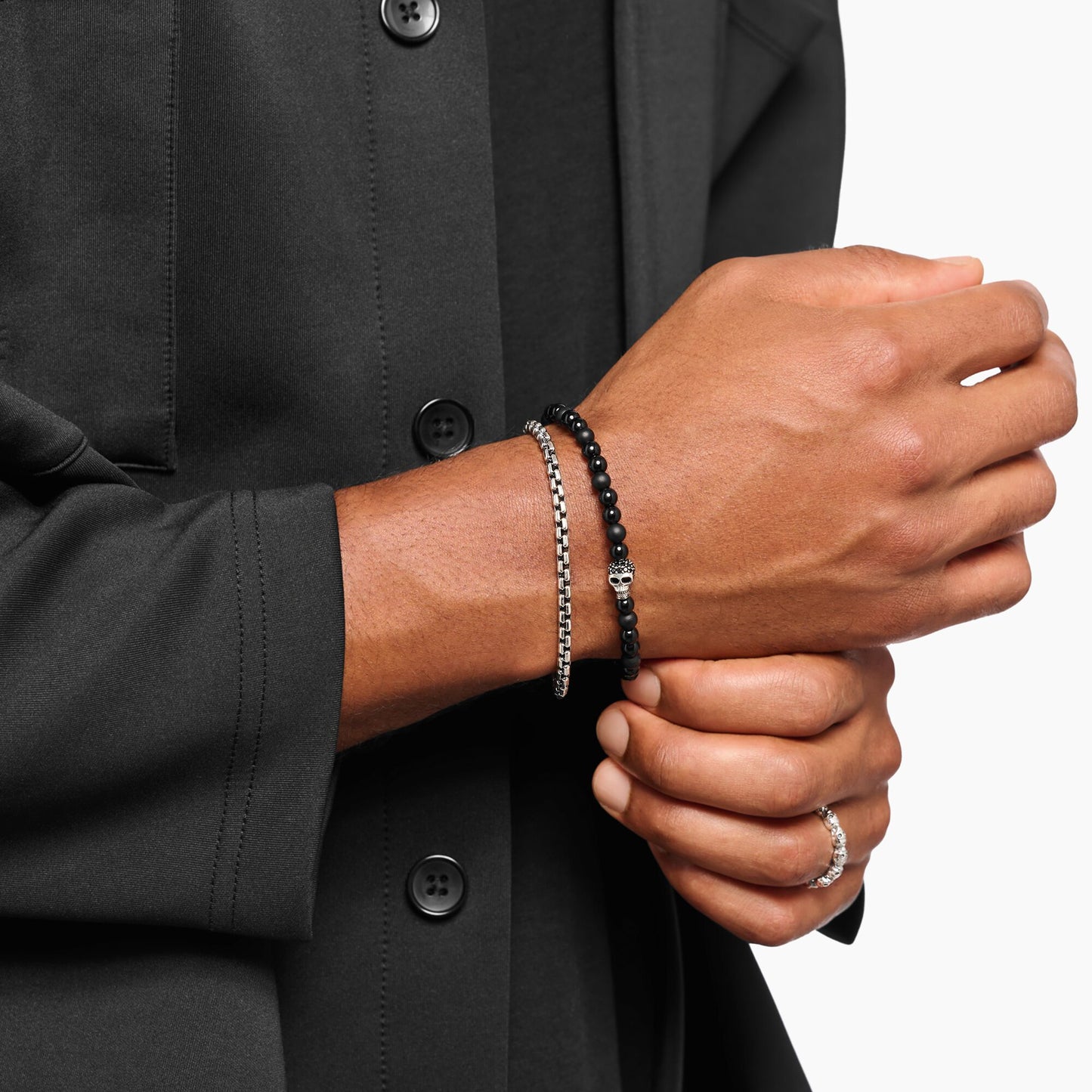 Thomas Sabo Black Cubic Zirconia Skull Obsidian Talisman Bead Stretch Bracelet A2185-705-11