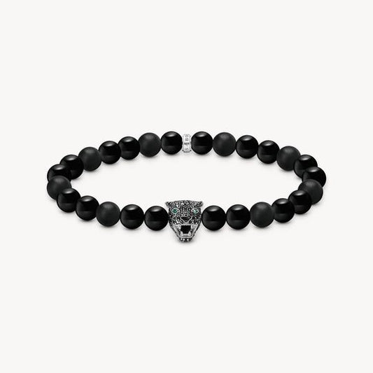 Thomas Sabo Cubic Zirconia Black Cat Obsidian Bead Stretch Bracelet A2192-705-11 21cm