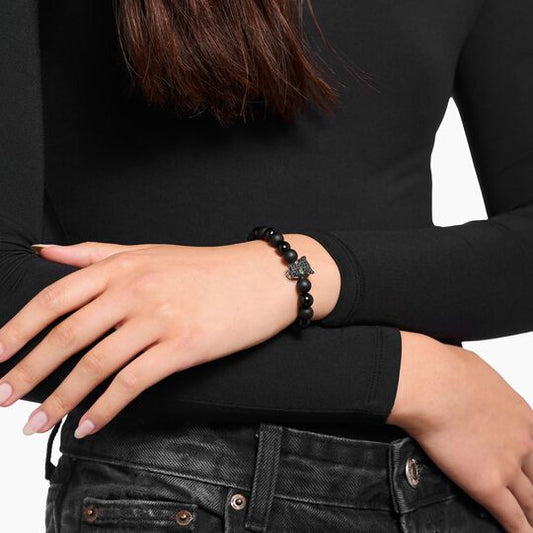 Thomas Sabo Cubic Zirconia Black Cat Obsidian Bead Stretch Bracelet A2192-705-11 21cm