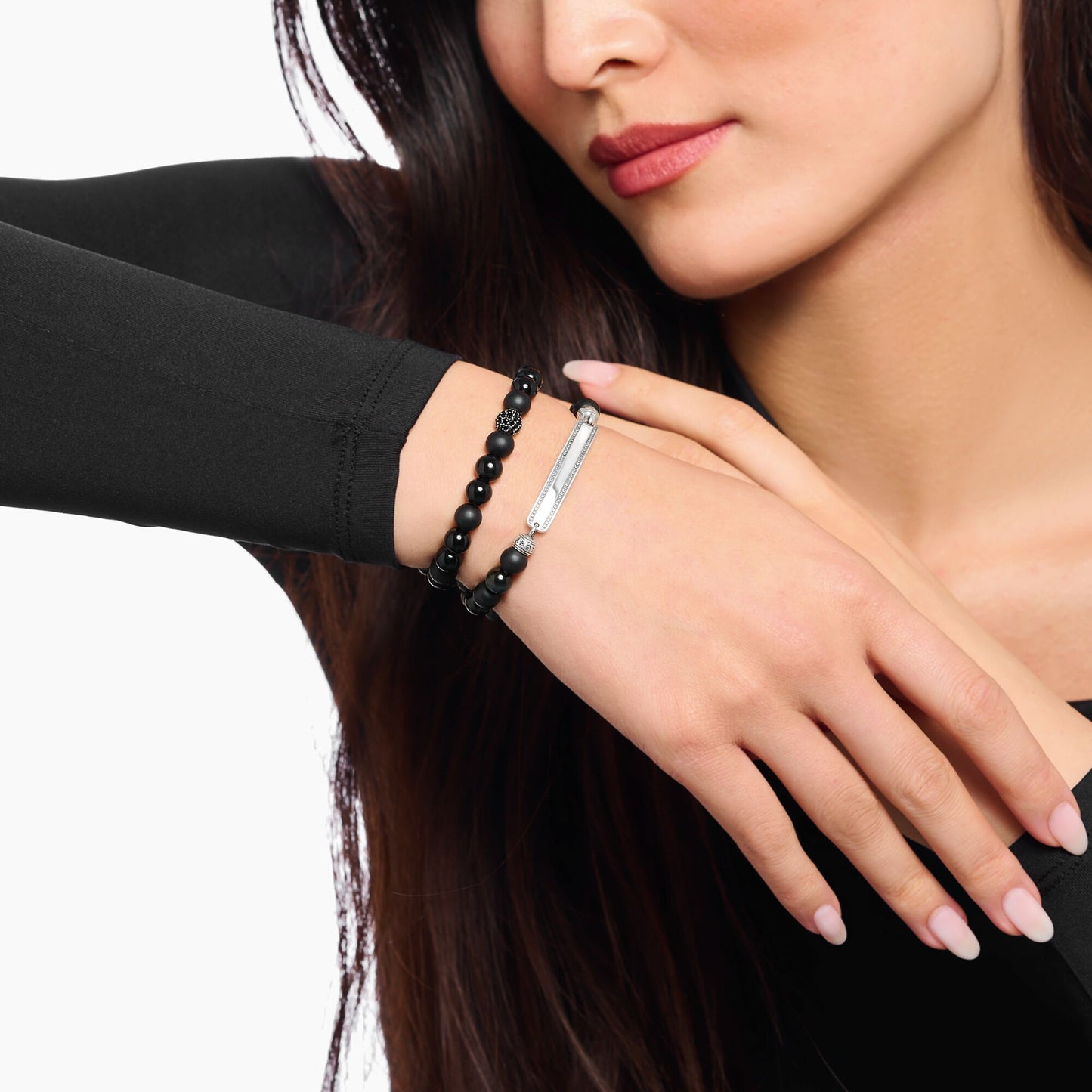 Thomas Sabo Sterling Silver Black Cubic Zirconia And Obsidian Bead Stretch Bracelet 21cm A2194-705-11