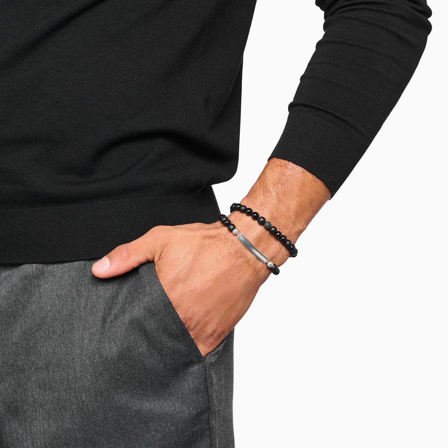 Thomas Sabo Sterling Silver Black Cubic Zirconia And Obsidian Bead Stretch Bracelet 21cm A2194-705-11