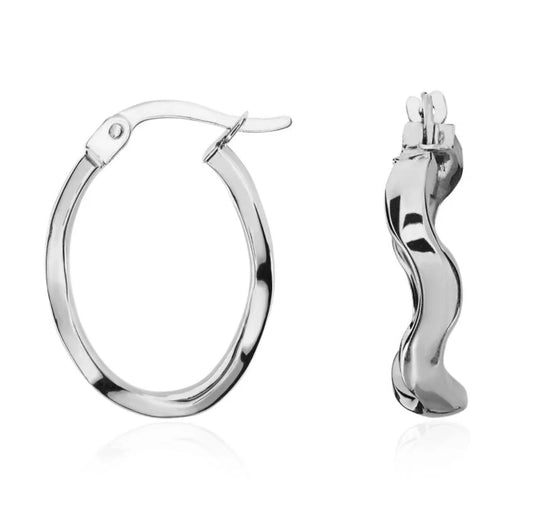 9ct White Gold Oval Hollow Wavy Polish Hinge Top Hoop Earrings