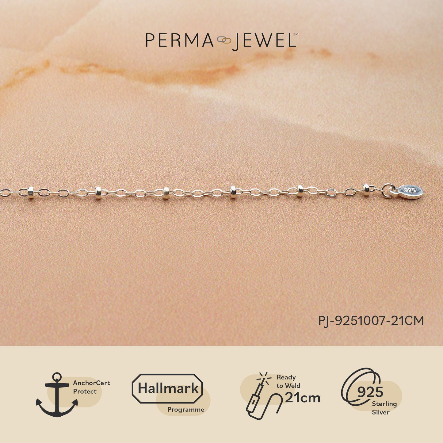 Sterling Silver Cable & Beaded Permanent Anklet 27cms