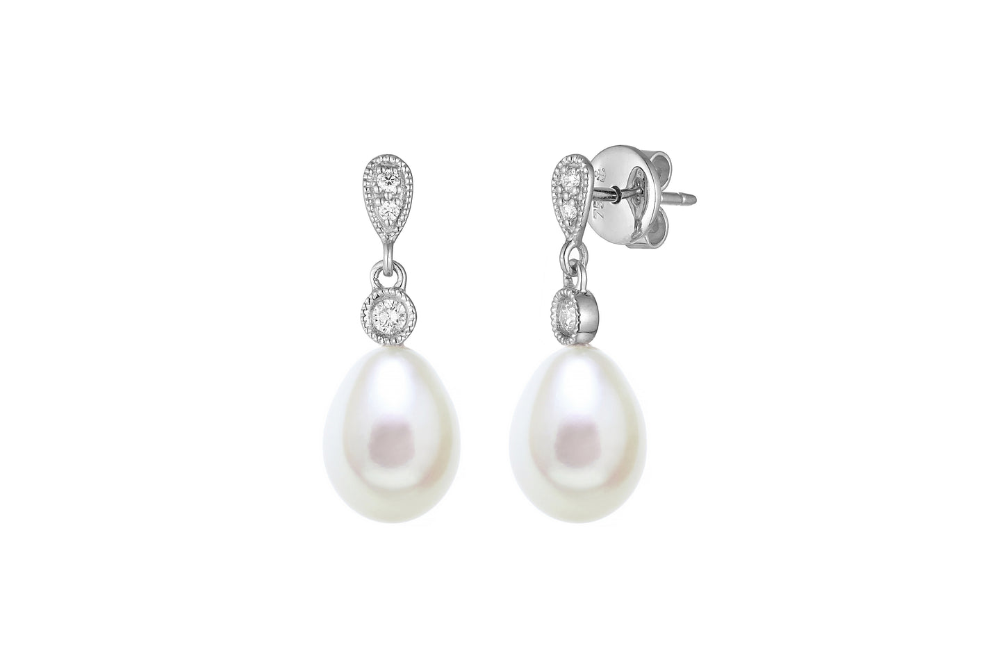 18ct White Gold Freshwater Cultured Pearl and Diamond Drop Earrings