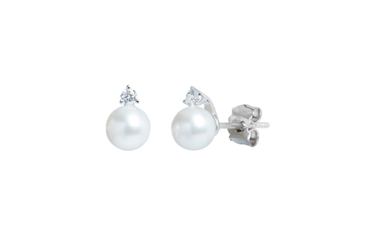 18ct White Gold Freshwater Cultured Pearl Round 6-6.5mm Diamond Stud Earrings