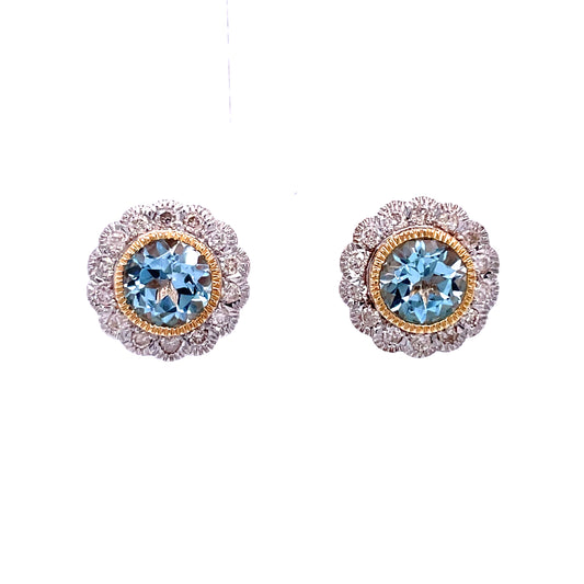 9ctYellow Gold Blue Topaz And Diamond Cluster Stud Earrings