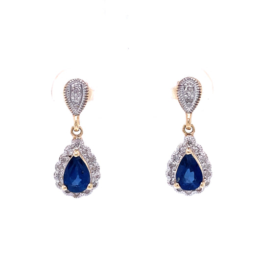 9ct Yellow Gold Sapphire And Diamond Drop Earrings