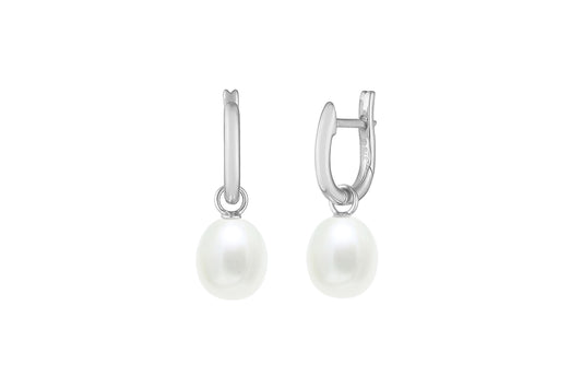 9ct White Gold Freshwater Cultured Pearl 7.5-8mm Hoop Earrings