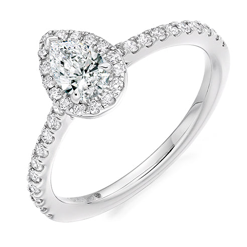 Platinum Pear Cut Halo Diamond Ring with Diamond Shoulders
