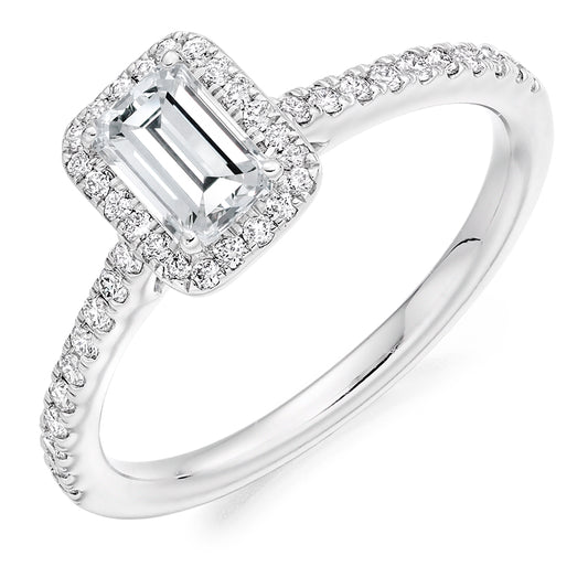 Platinum Emerald Cut 0.80ct Diamond Halo Ring