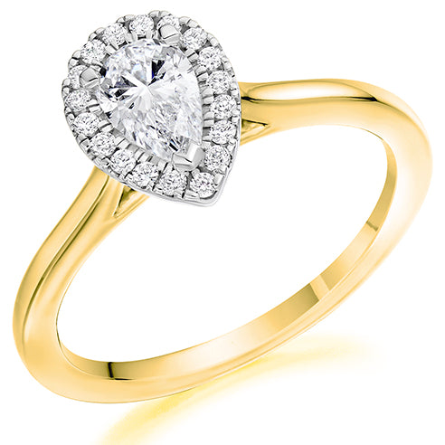 18ct Yellow Gold and Platinum Pear Cut 0.66ct Diamond Halo Ring