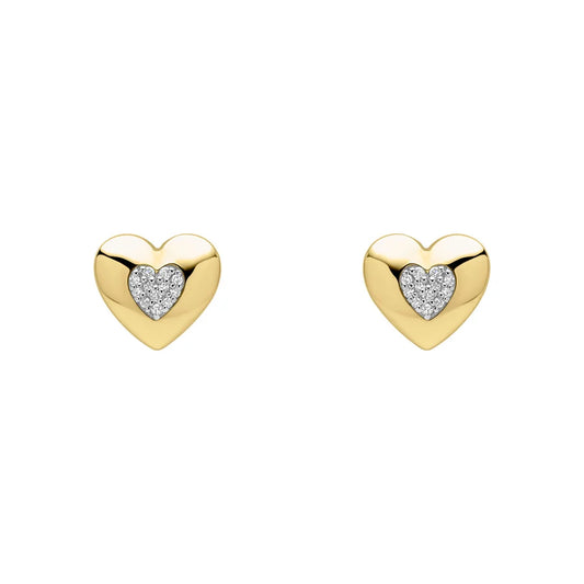 9ct Yellow Gold Pave Diamond Polish Heart Stud Earrings