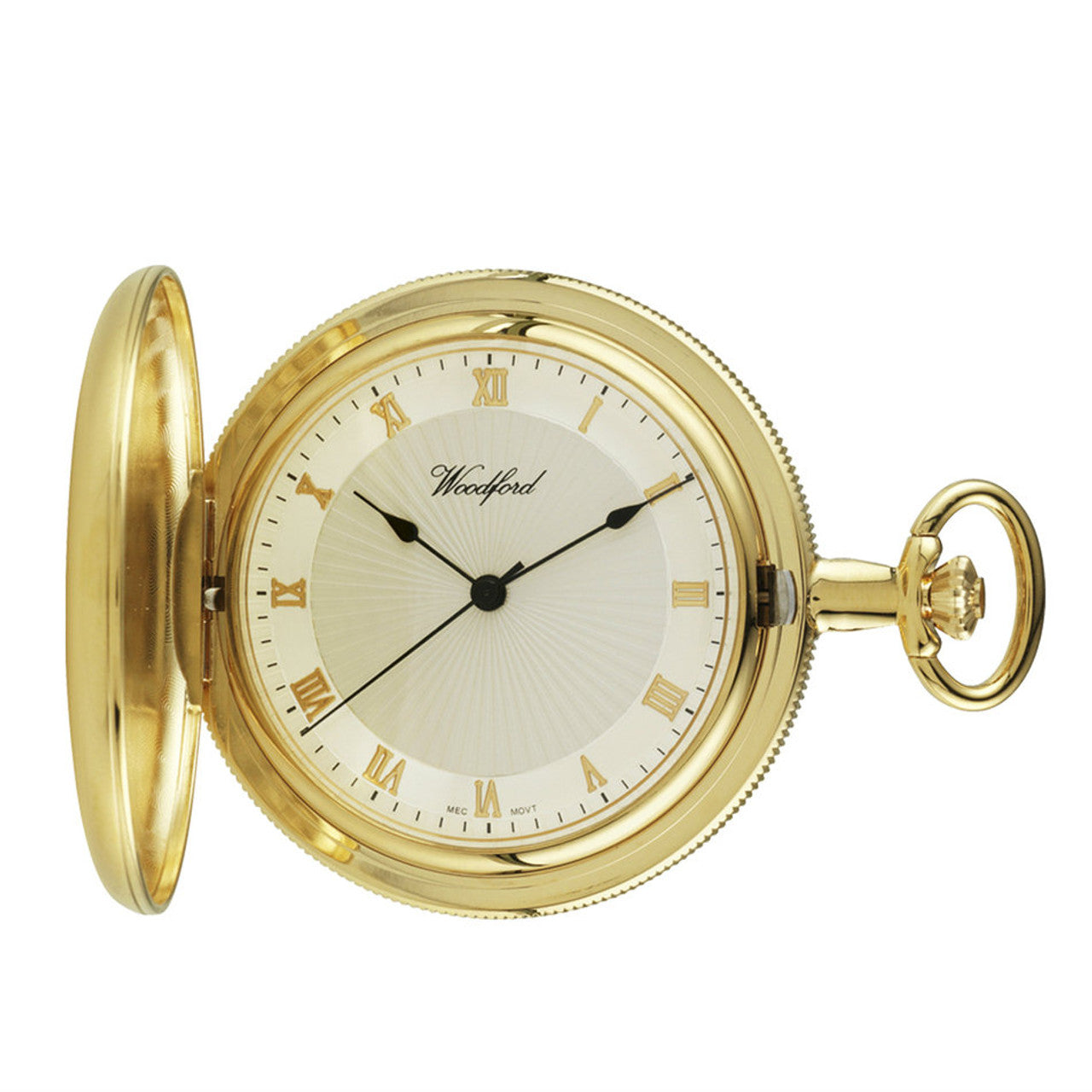 Yellow Gold Plated Woodford Sunburst Dial Full Hunter Mechanical Pocket Watch and Chain