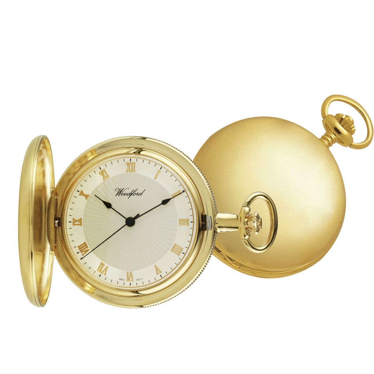 Yellow Gold Plated Woodford Sunburst Dial Full Hunter Mechanical Pocket Watch and Chain