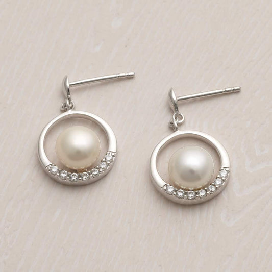 Jersey Pearl Circle White Freshwater Cultured Pearl Drop Earrings with White Topaz