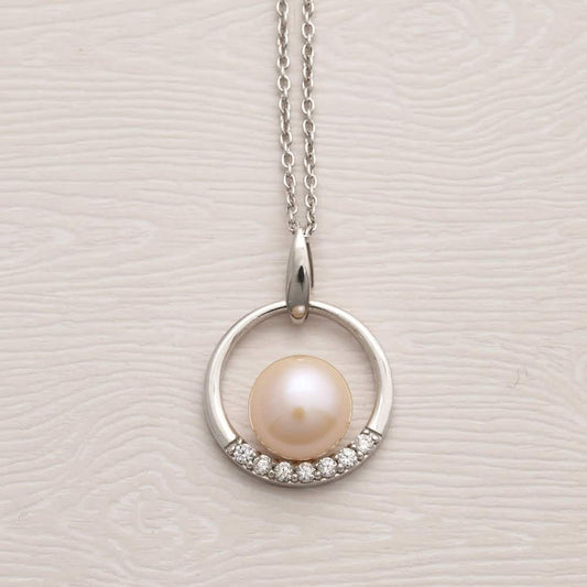 Jersey Pearl Circle White Freshwater Cultured Pearl Necklace with White Topaz