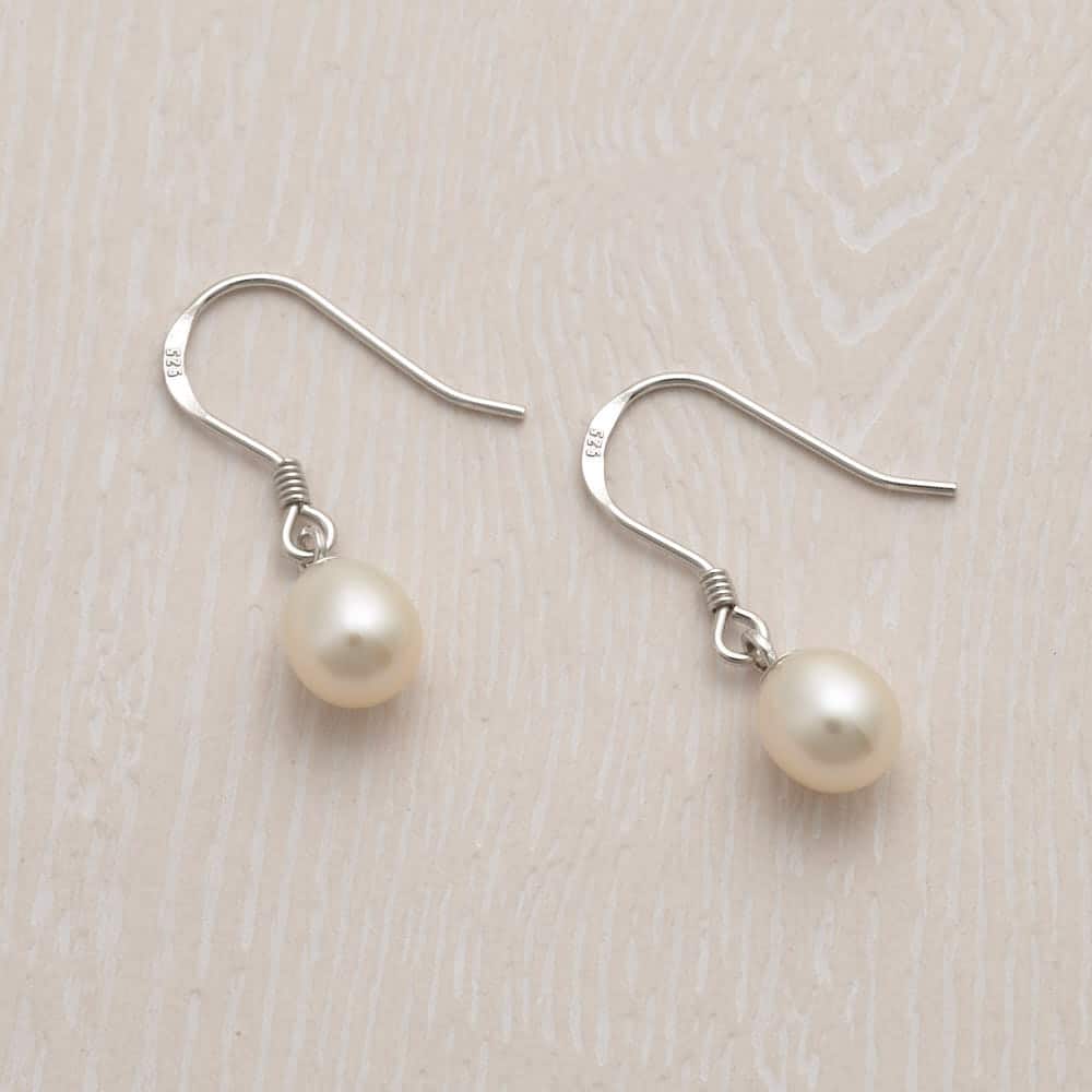 Jersey Pearl Sterling Silver 6mm White Freshwater Cultured Pearl Hook Drop Earrings