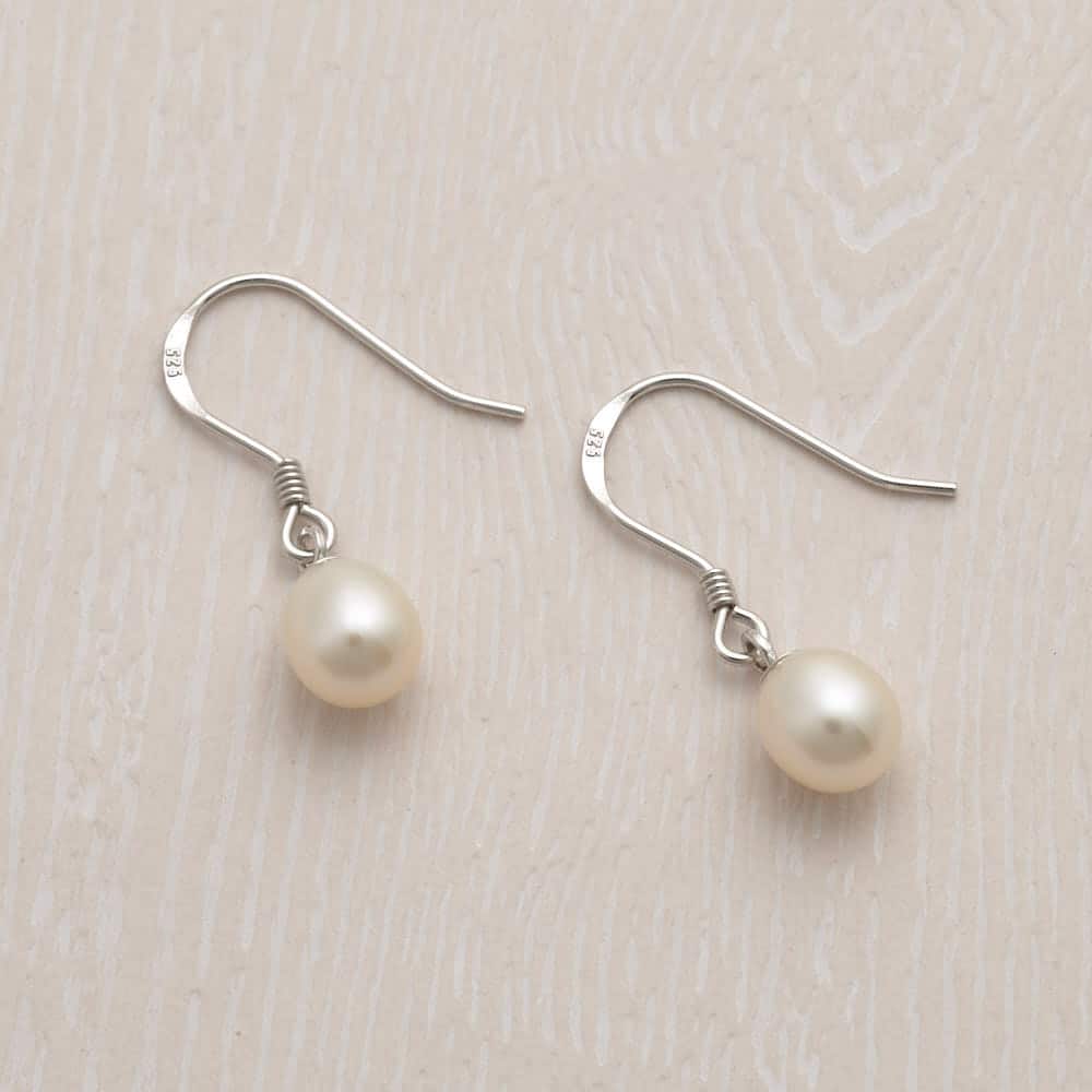 Jersey Pearl Sterling Silver 6mm White Freshwater Cultured Pearl Hook Drop Earrings