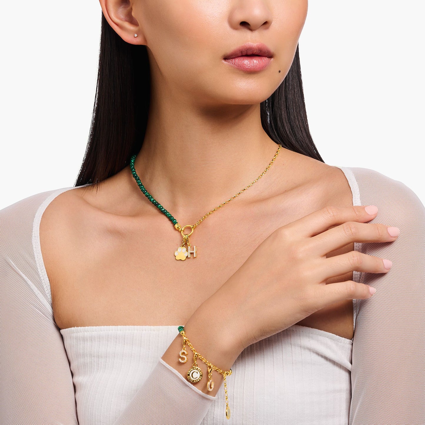 Thomas Sabo Yellow Gold Plated Green Bead Necklace KE2190-140-6-L45V