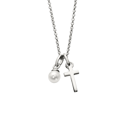 Little Star Maude Sterling Silver Cross and Freshwater Cultured Pearl Necklace
