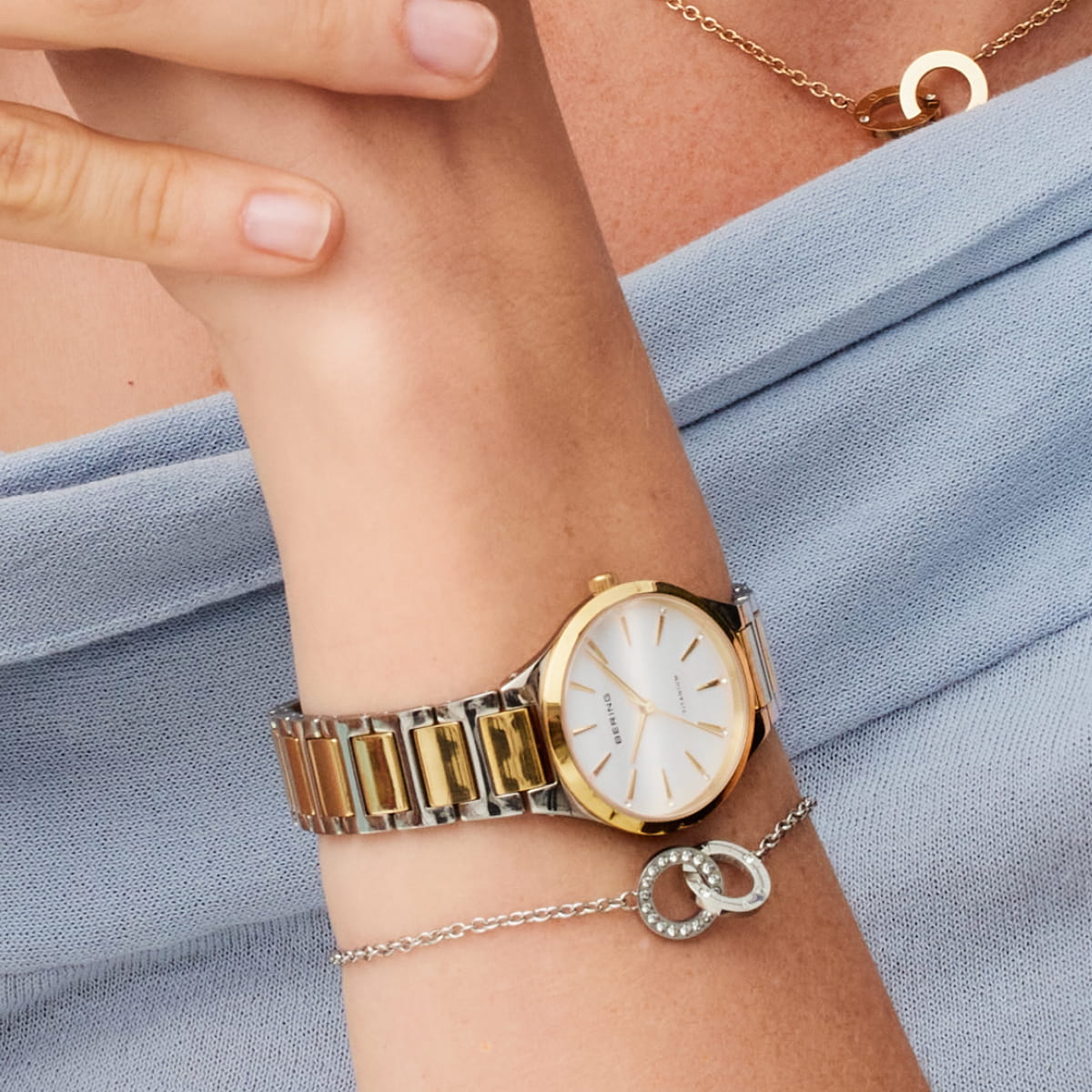 Bering Round White Dial Yellow Gold Plated and Titanium Bracelet Watch 15630-701