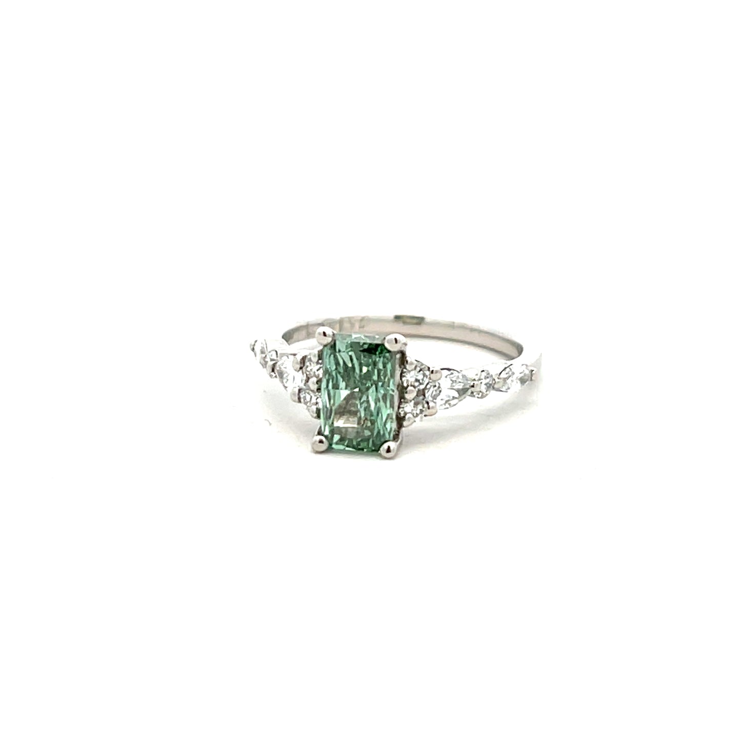 Platinum Laboratory Grown Green Rectangular Cut Diamond Ring with Laboratory Grown Diamond Shoulders Size M