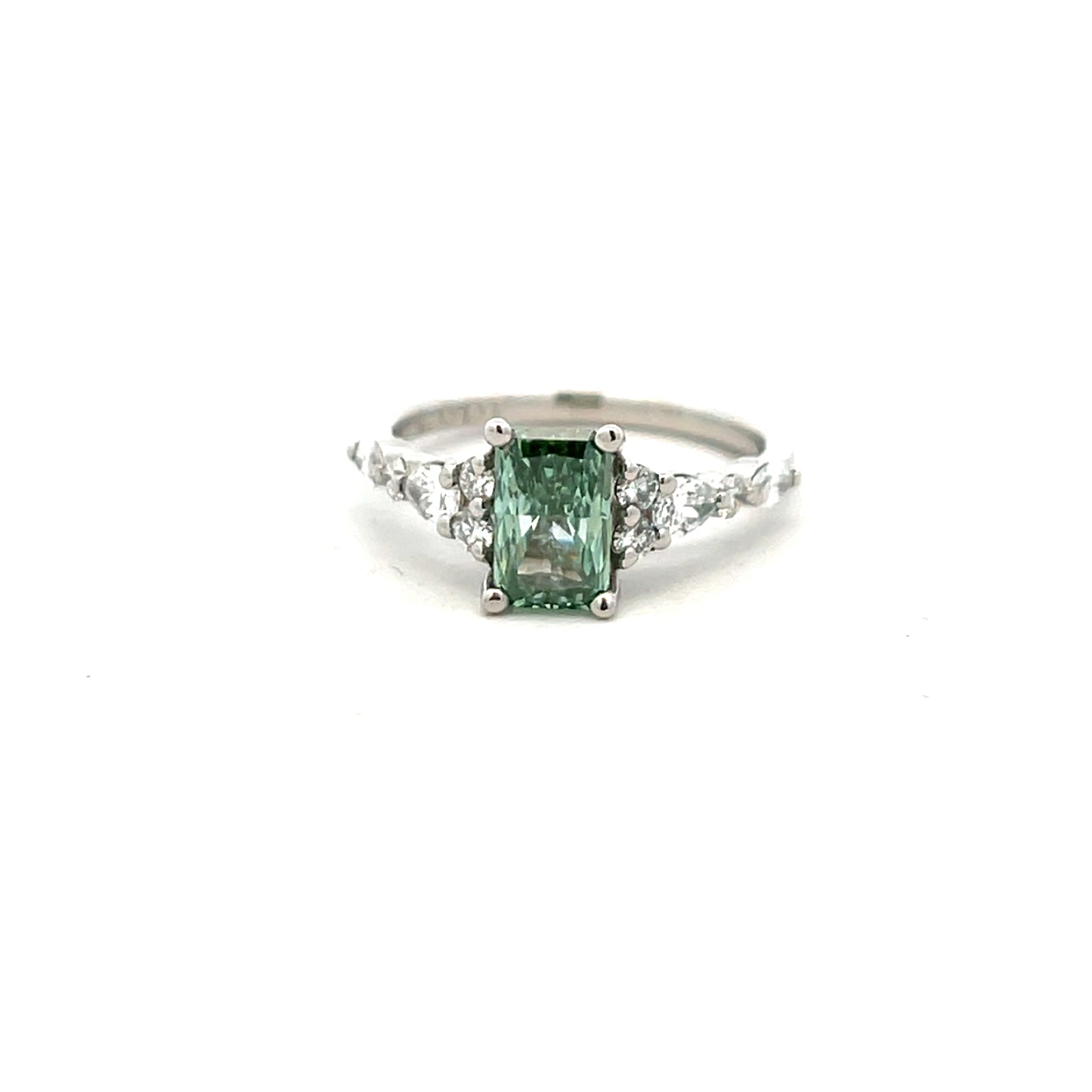 Platinum Laboratory Grown Green Rectangular Cut Diamond Ring with Laboratory Grown Diamond Shoulders Size M
