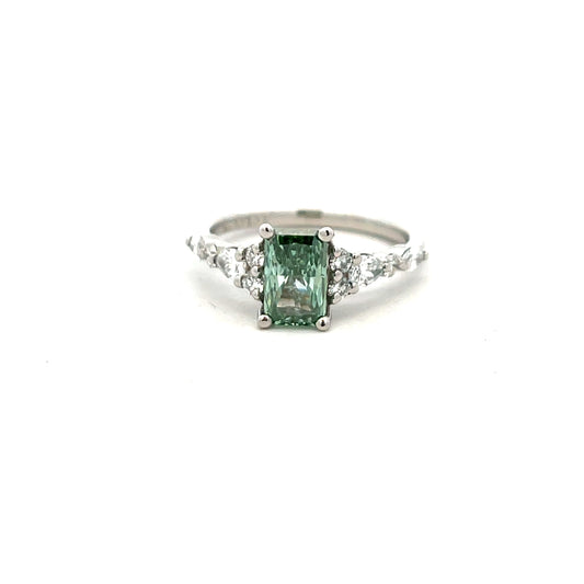 Platinum Laboratory Grown Green Rectangular Cut Diamond Ring with Laboratory Grown Diamond Shoulders Size M