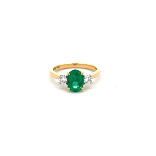 18ct Yellow Gold Oval Emerald and Brilliant Cut Diamond Ring Size M
