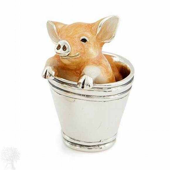 Sterling Silver Enamel Pig In Bucket Looking Ahead With Trotters
