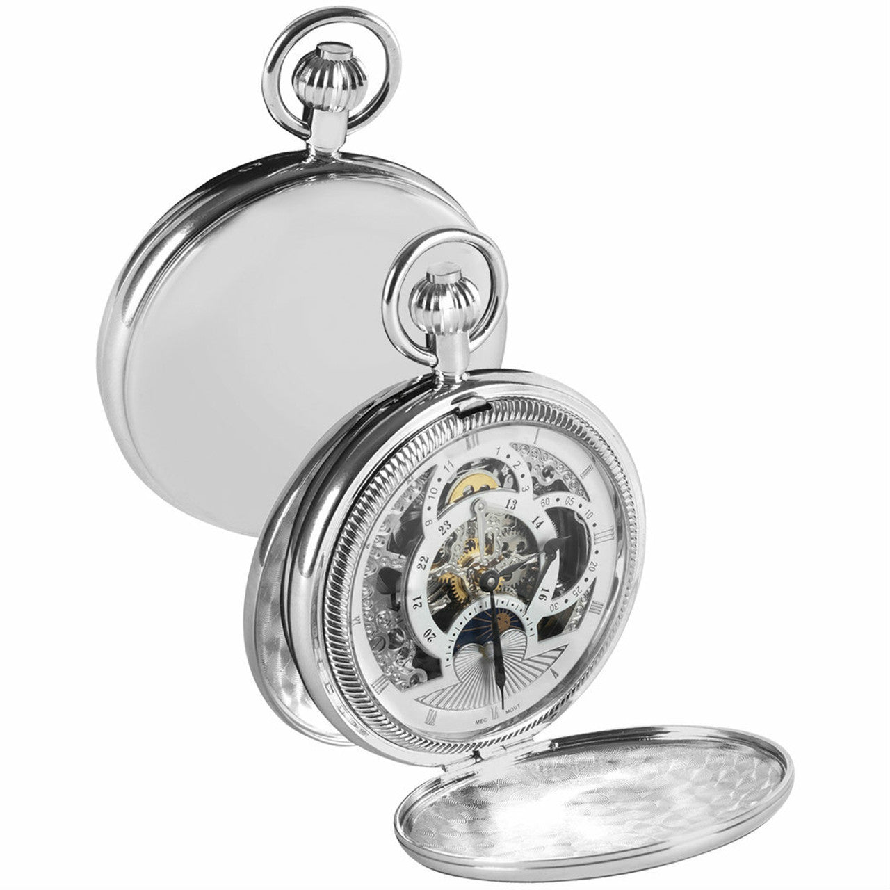 Woodford Chromeplated Dual Time Sun and Moon Dial Pocket Watch and Chain